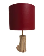 Lampe en bois abat jour cuir rouge