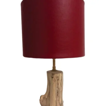 Lampe en bois abat jour cuir rouge
