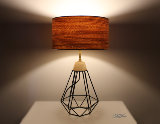 Lampe BSK moderne et design bois et metal Diamant noir allumee